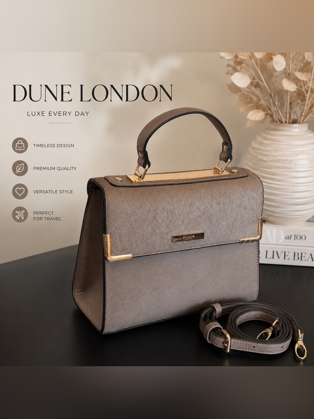 NWOT Dune London Structured Top Handle Satchel Crossbody Gray Gold Hardware